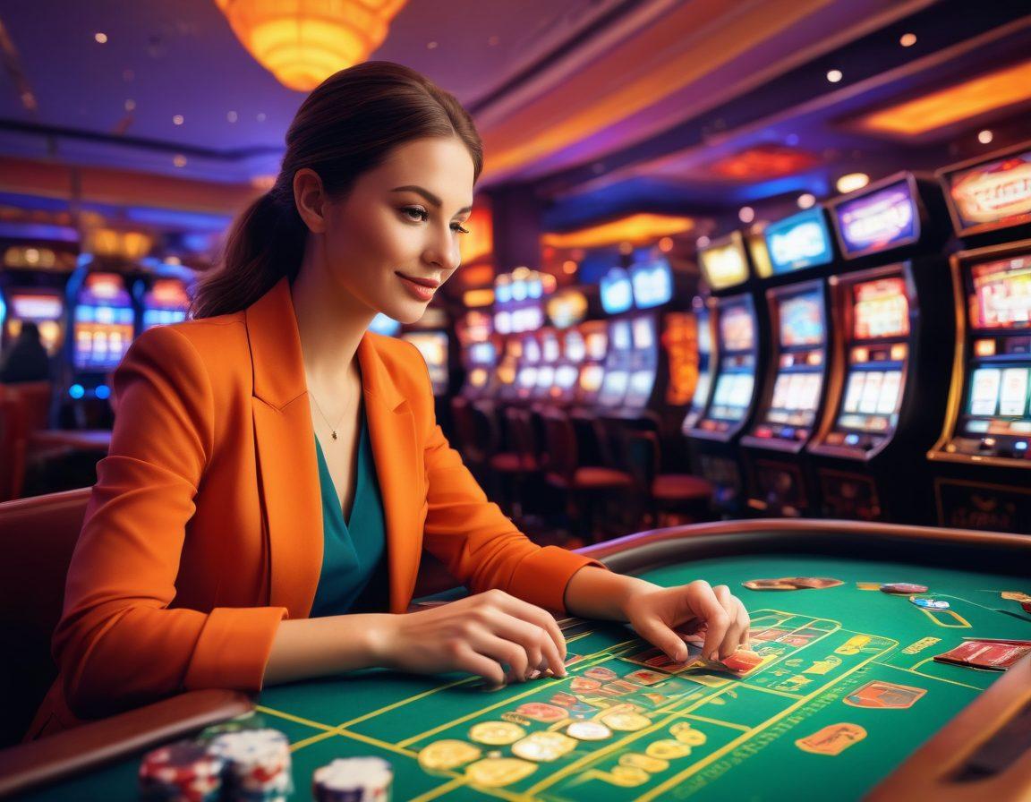 A modern casino setting with diverse players engaging in various games responsibly, showcasing a balance of excitement and caution. Include elements such as informative signs about responsible gaming, cheerful faces, and a vibrant atmosphere. The background should feature colorful chips and cards, with a warm glow of ambient lights. Add subtle hints of technology, like smart devices being used thoughtfully. vector art. vibrant colors. dynamic composition.