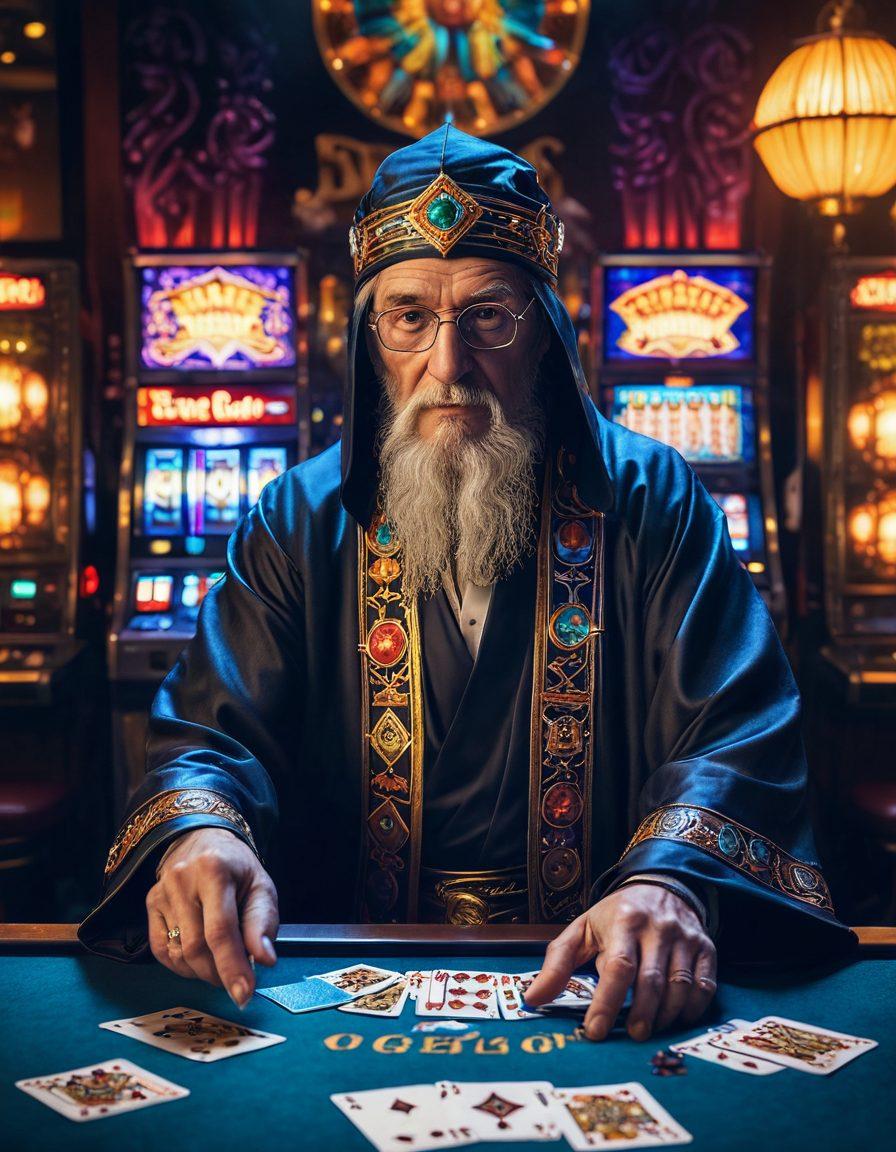 A mystical casino adorned with glowing neon lights and magical symbols, with a wise old wizard presenting strategies to a group of diverse gamblers at a shimmering table. Include elements like playing cards and dice flying through the air, blending fantasy and gambling. The atmosphere should feel enchanting and inviting, suggesting responsible fun. vibrant colors. cyberpunk style.